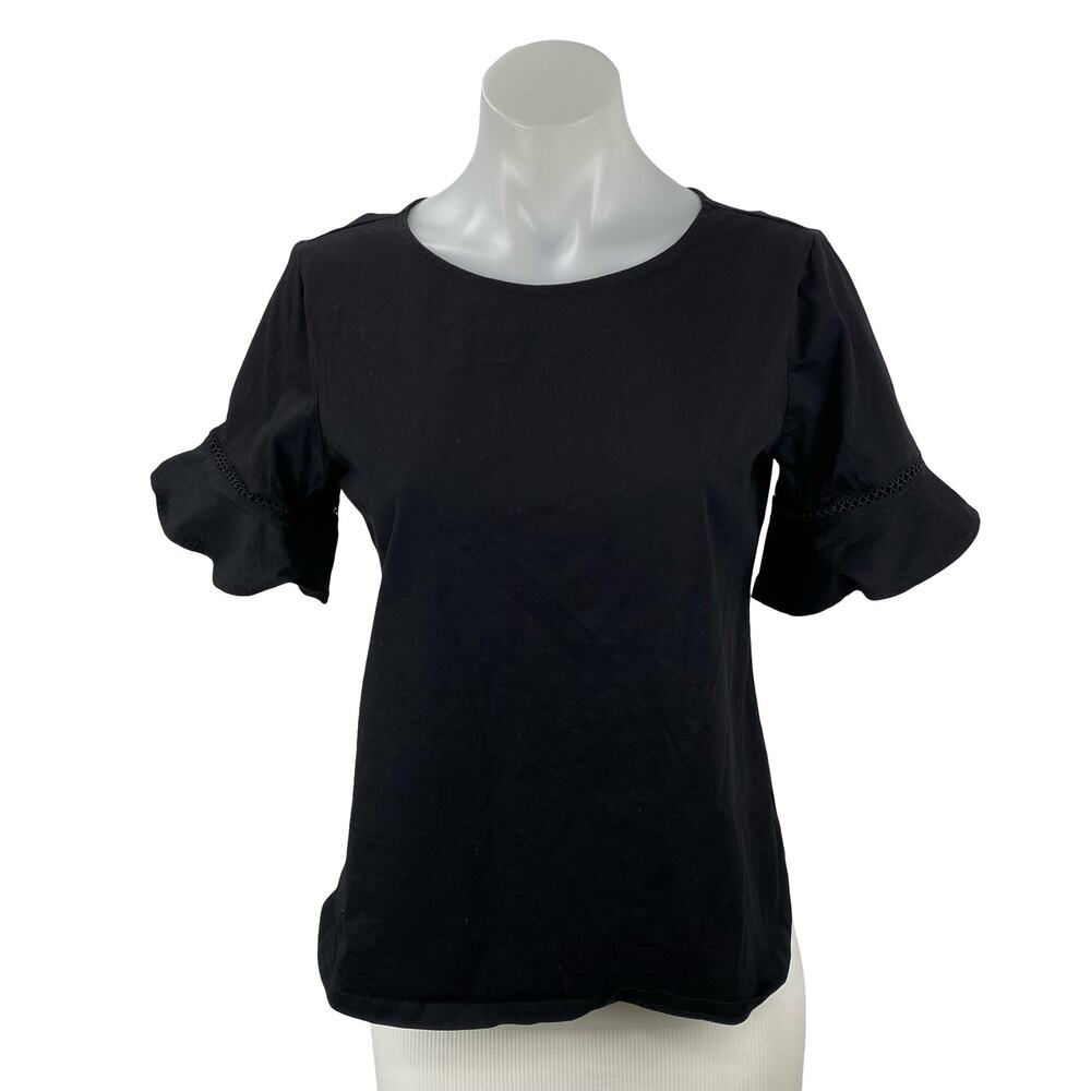 Ann Taylor Women's Black Short Bell Sleeve Round Neck Shirt Blouse Top Size S